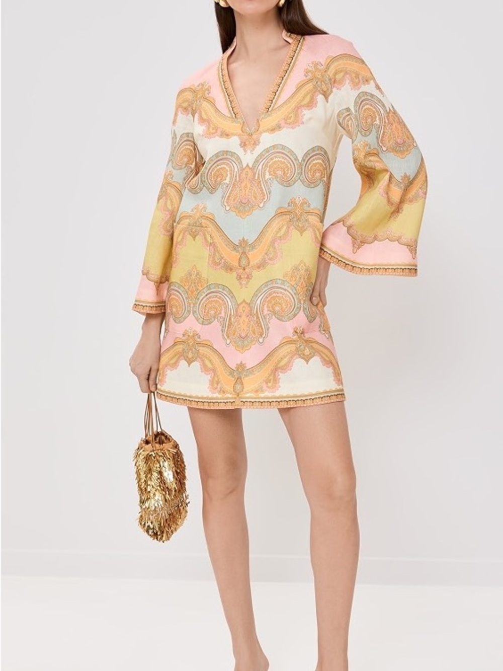Zimmermann Pink, Yellow and Cream Paisley V-Neck Mini Dress